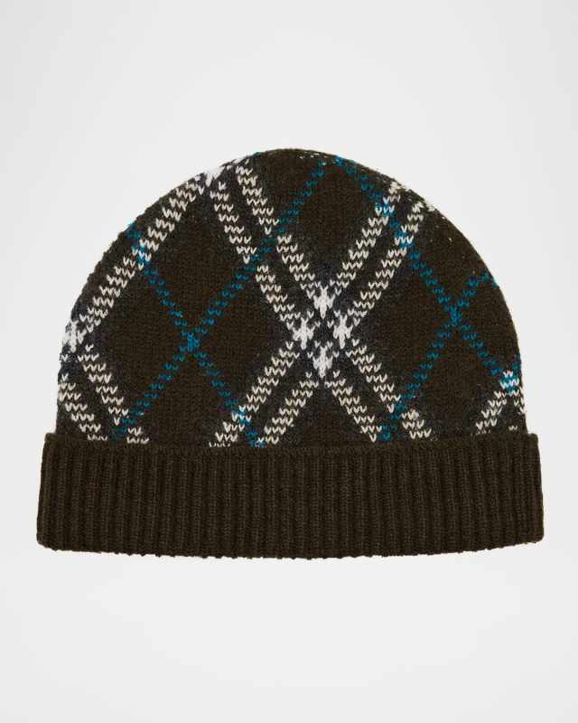 Men's Cashmere Check Beanie Hat