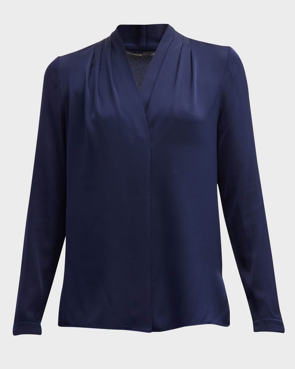 Nellie Pleated V-Neck Long-Sleeve Blous