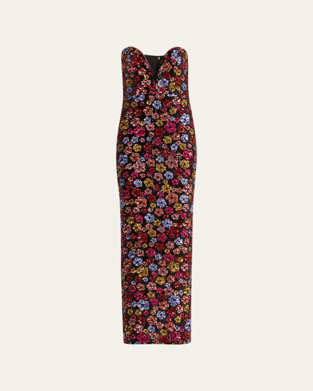 Strapless Plunging Floral Sequin Column Gown