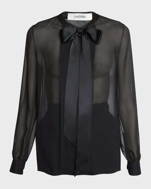 Bow-Neck Silk Chiffon Blouse