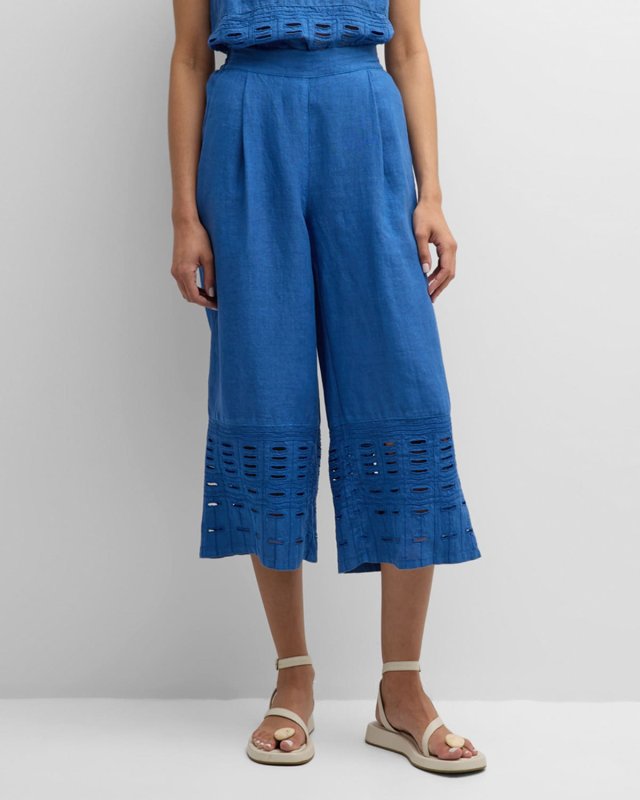 Cropped Wide-Leg Embroidered Linen Pants