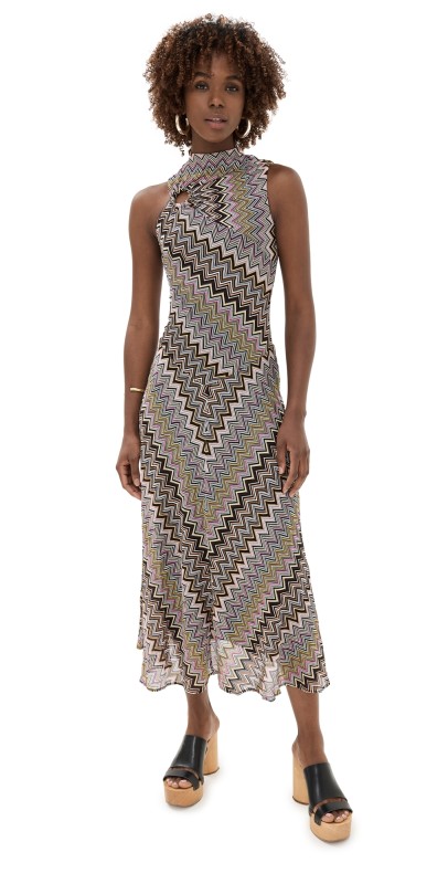 Missoni Long Sleeveless Dress with Gathered Neckline Multicolor Brown, Yellow, Pink