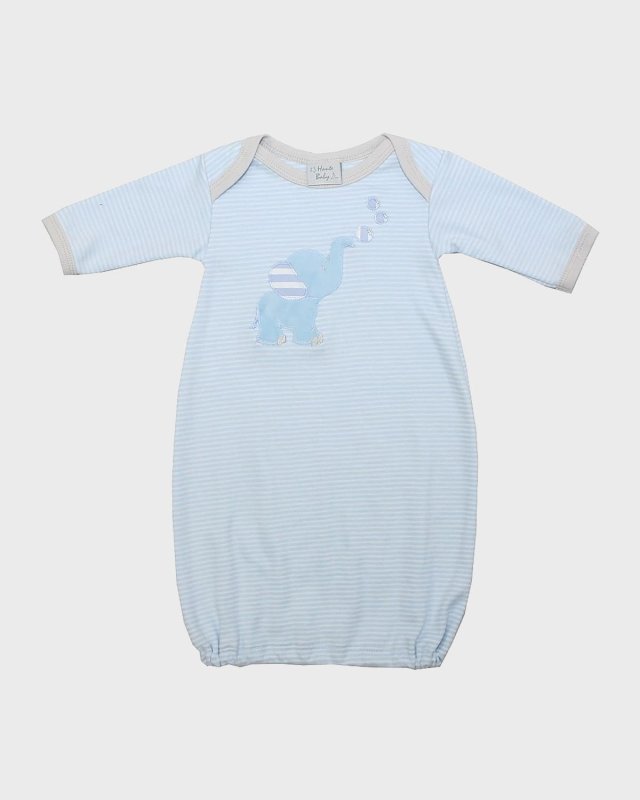Boy's Striped Elephant Embroidered Gown w/ Baby Hat, Size
