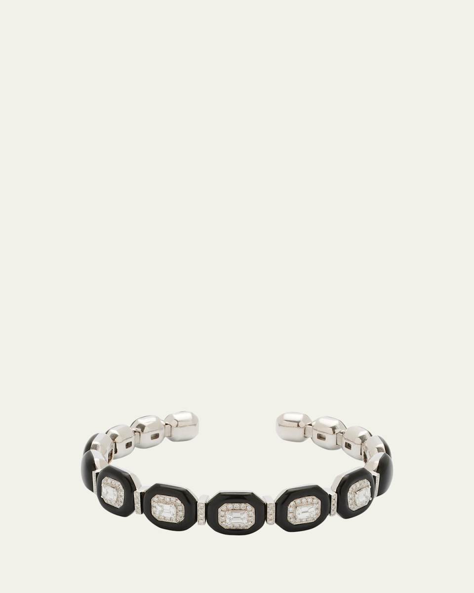 Oui Bangle with Emerald-Cut White Diamonds, Pave Diamonds and Black Enamel in 18K White Gold