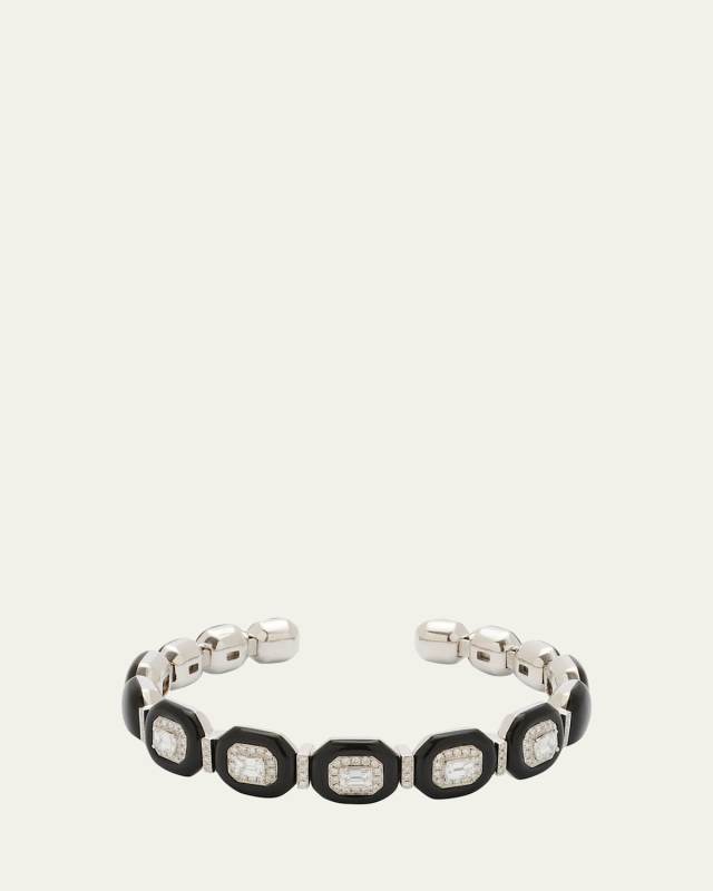 Oui Bangle with Emerald-Cut White Diamonds, Pave Diamonds and Black Enamel in 18K White Gold