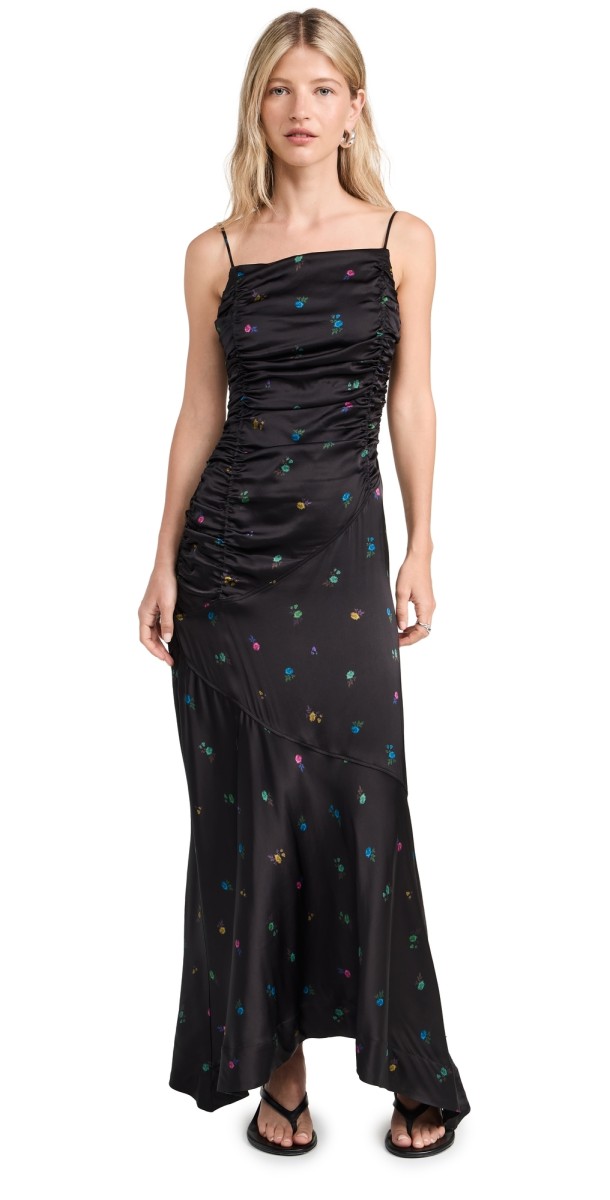 GANNI Printed Satin Ruched Long Slip Dress Black