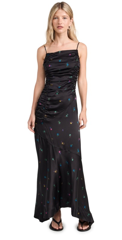GANNI Printed Satin Ruched Long Slip Dress Black