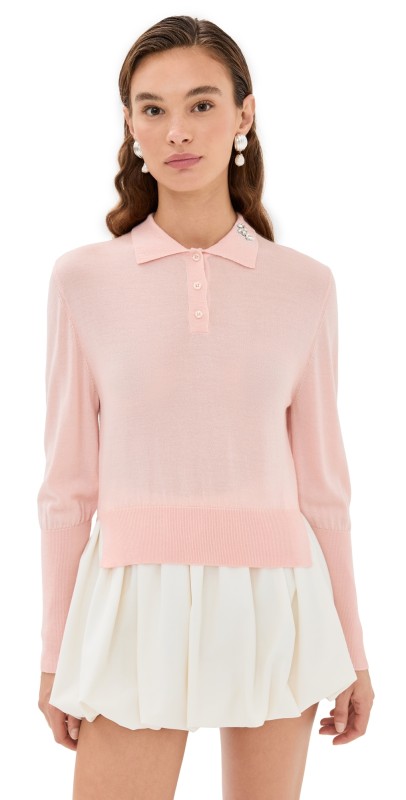 Simone Rocha Merino Silk Knit Polo Sweater with Embellishments Pale Pink/Clear