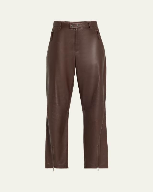 Smooth Glove Leather Straight-Leg Biker Pants With Monili Loop