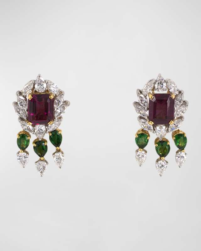 Estate 18K Yellow Gold and Platinum Drop Earrings with Garnets, Diamonds and Tourmalines