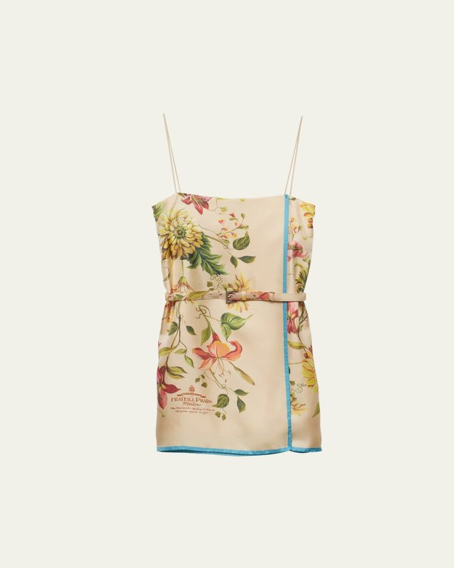 Floral Belted Silk Twill Mini Dress