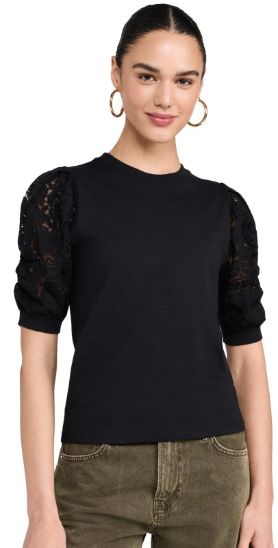 FRAME Lace Sleeve Frankie Tee Black