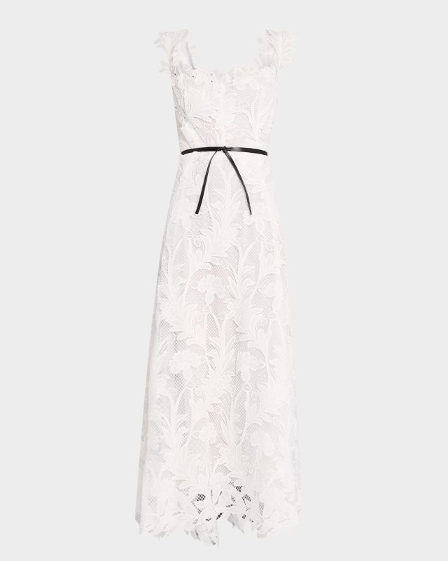 Marbled Carnation Guipure Sleeveless Gown With Bow Belt
