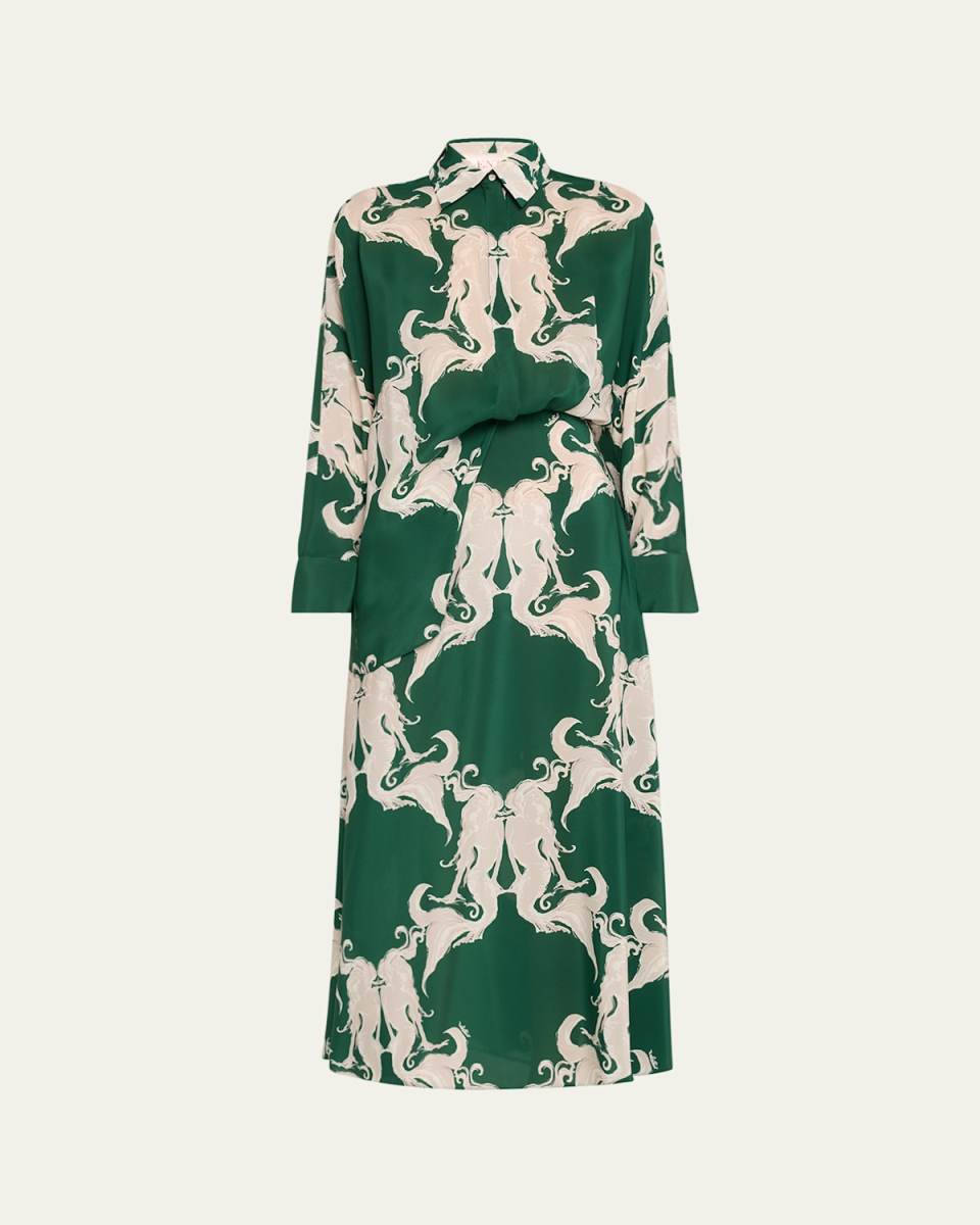 Metamorphose Siren Print Silk Tucked Top Shirt Dress