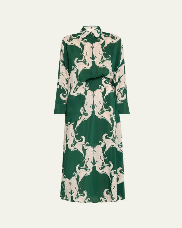Metamorphose Siren Print Silk Tucked Top Shirt Dress