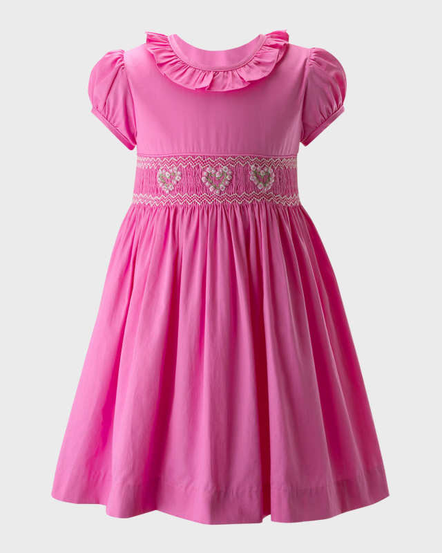 Girl's Heart Smocked Frill Collar Dress, Size 6M-24M