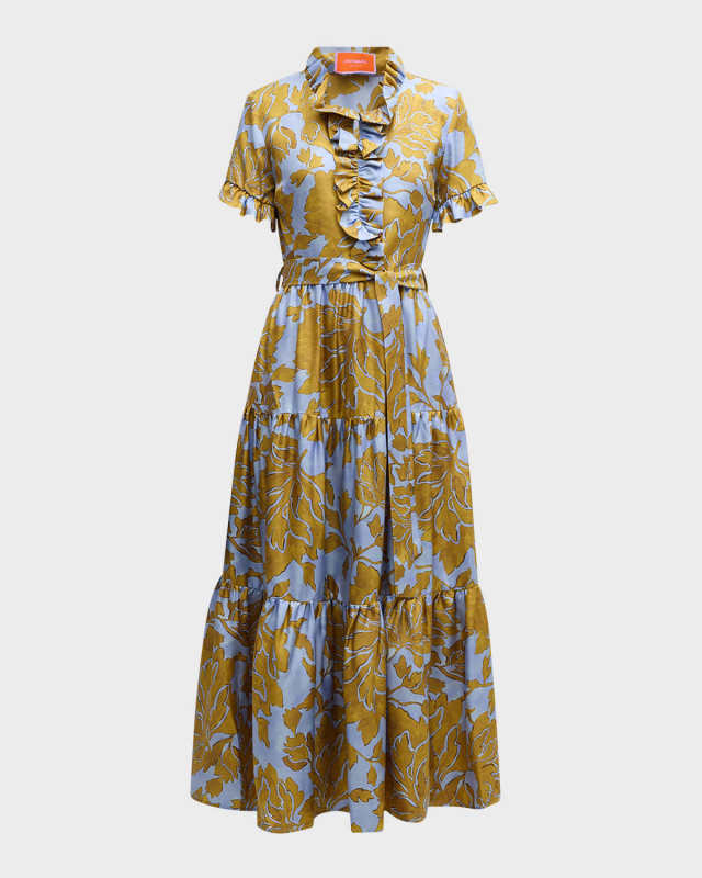 Floral-Print Short-Sleeve Belted Tiered Maxi Dress