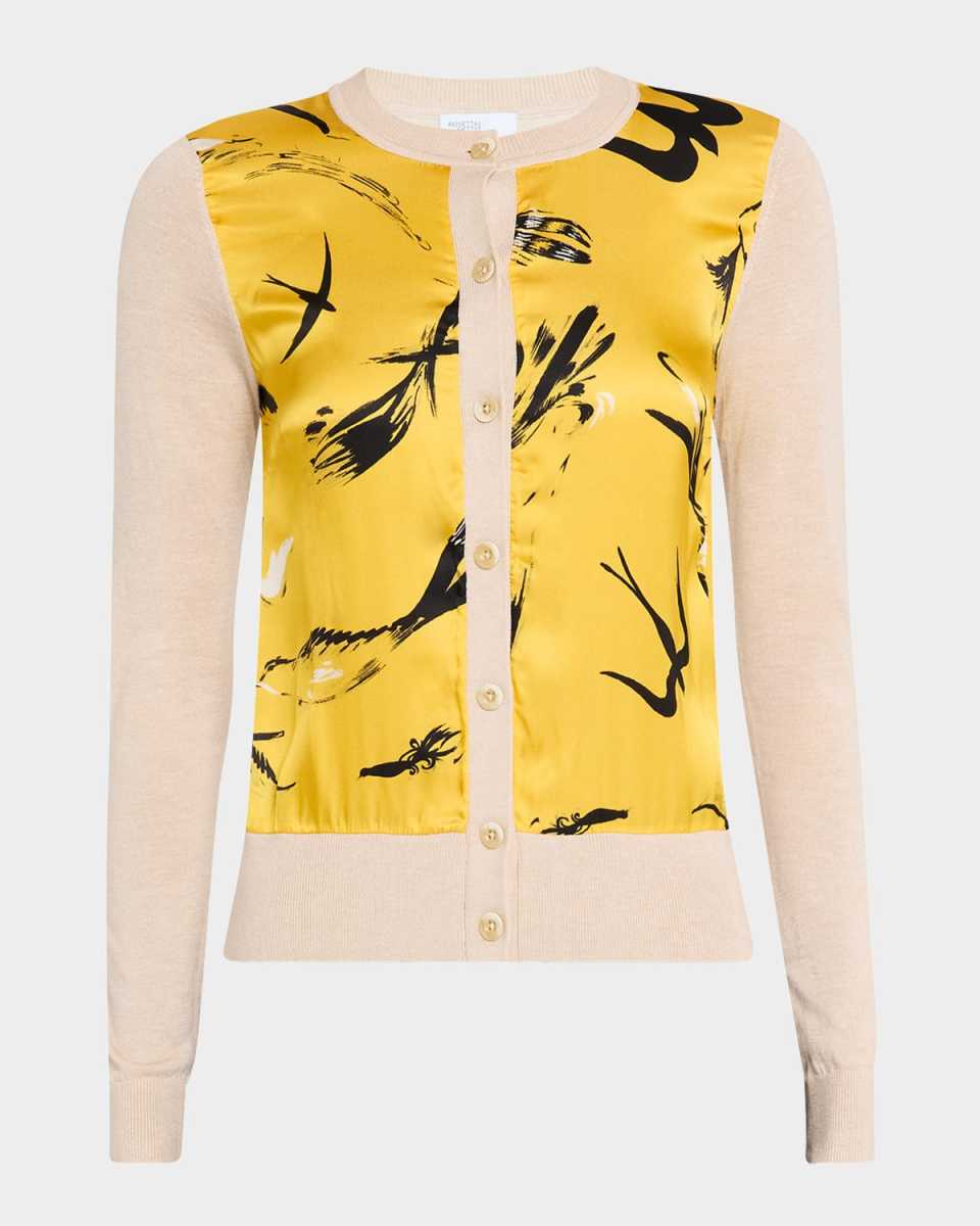 Silk Print Inset Wool-Cashmere Cardigan
