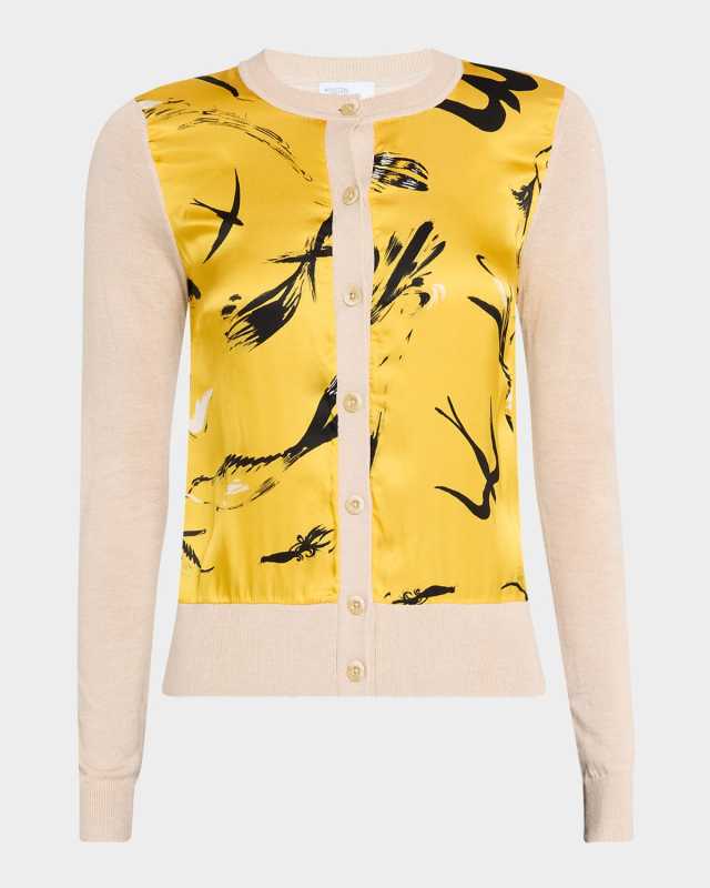 Silk Print Inset Wool-Cashmere Cardigan