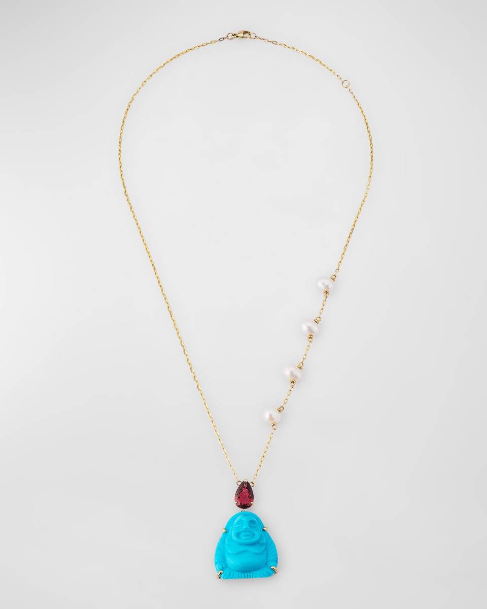 Turquoise Happy Buddha Necklace with Tourmaline and Pearls
