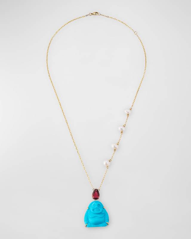 Turquoise Happy Buddha Necklace with Tourmaline and Pearls