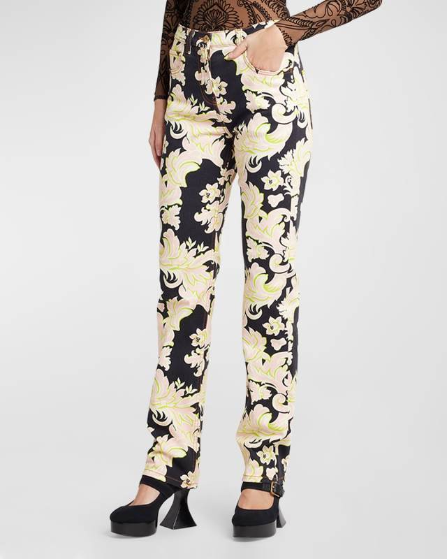 Mid-Rise Tropical-Print Straight-Leg Jeans