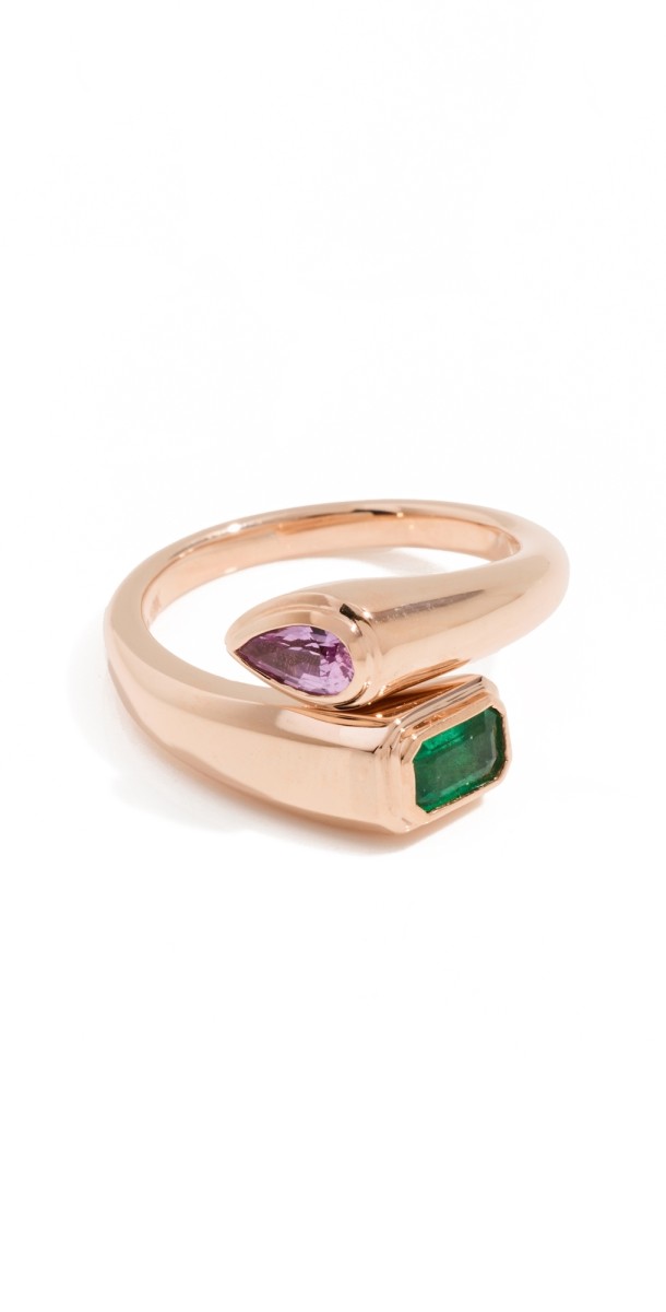 SHAY 18k Emerald and Pink Sapphire Bypass Pinky Ring Rose Gold Em/P. Sapp