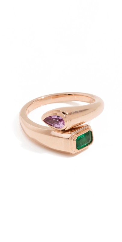 SHAY 18k Emerald and Pink Sapphire Bypass Pinky Ring Rose Gold Em/P. Sapp