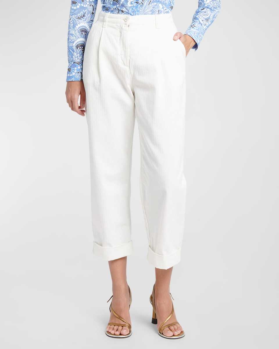 Mid-Rise Pleated Straight-Leg Crop Garment Dye Trousers