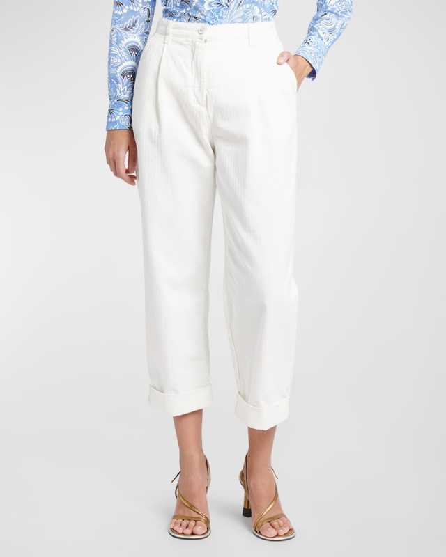 Mid-Rise Pleated Straight-Leg Crop Garment Dye Trousers