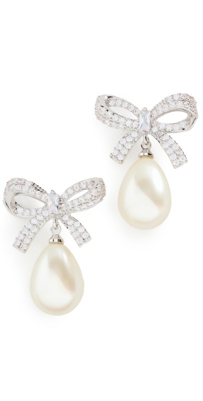 SHASHI Pearl Pave Bow Earrings Silver/Pearl