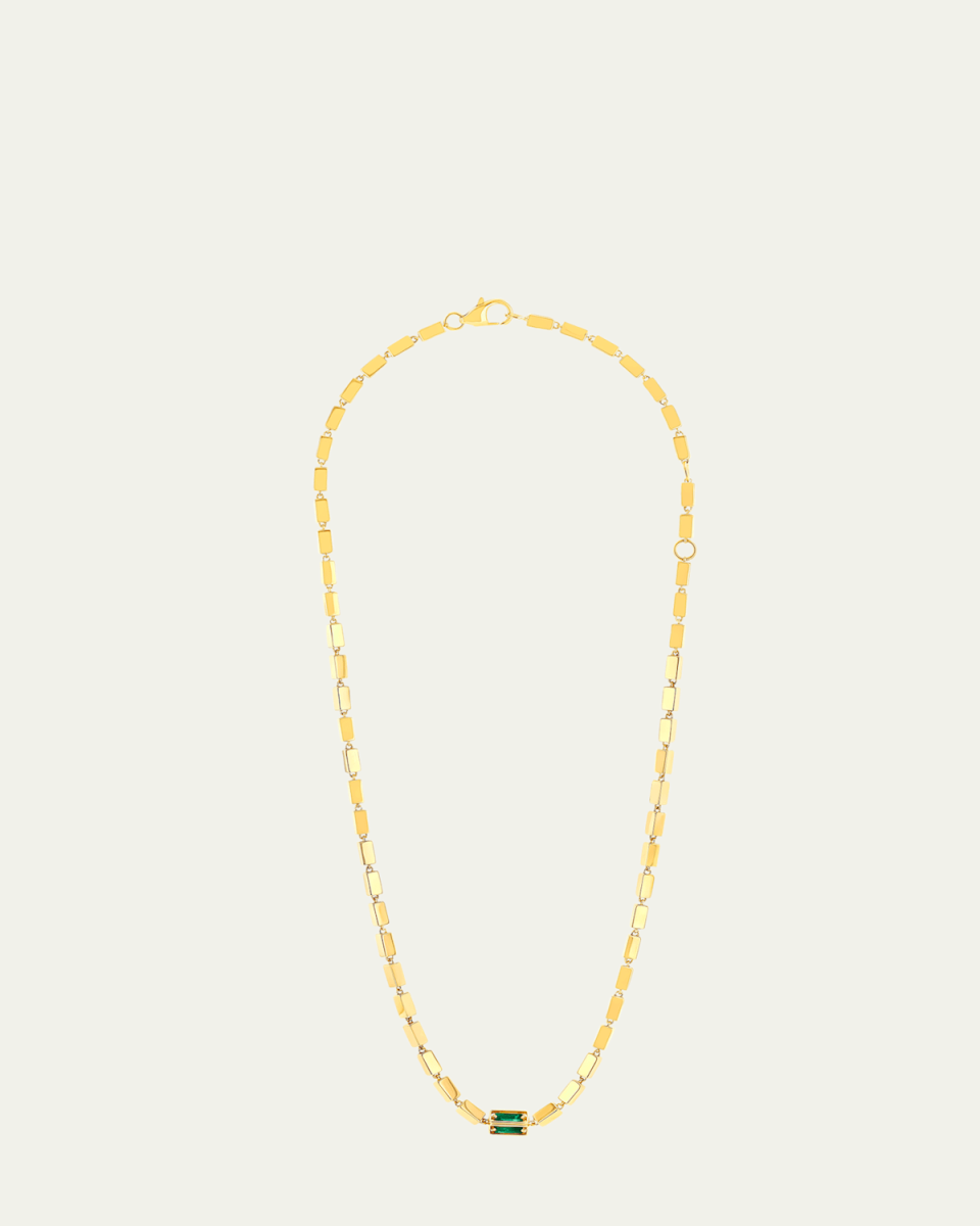 18K Yellow Gold Thick Block Chain Necklace with Emerald Baguettes