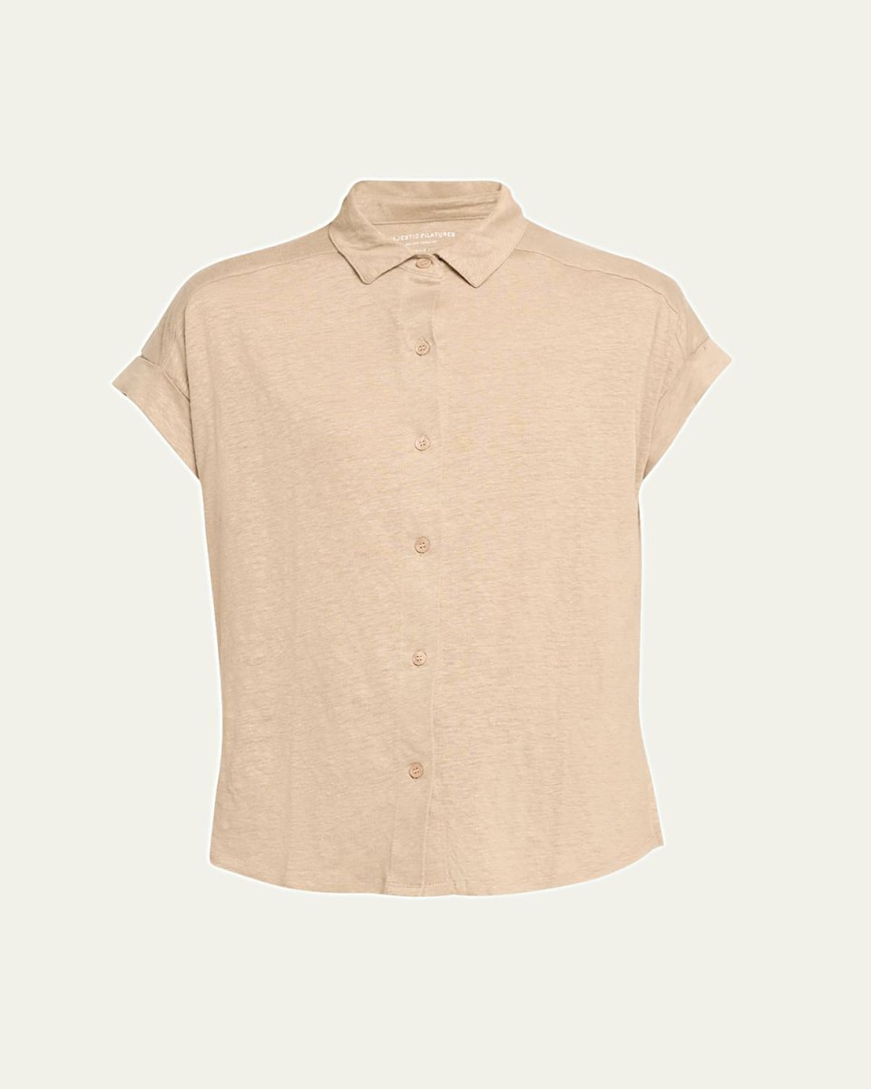Stretch Linen Short-Sleeve Shirt with Rolled Cuffs