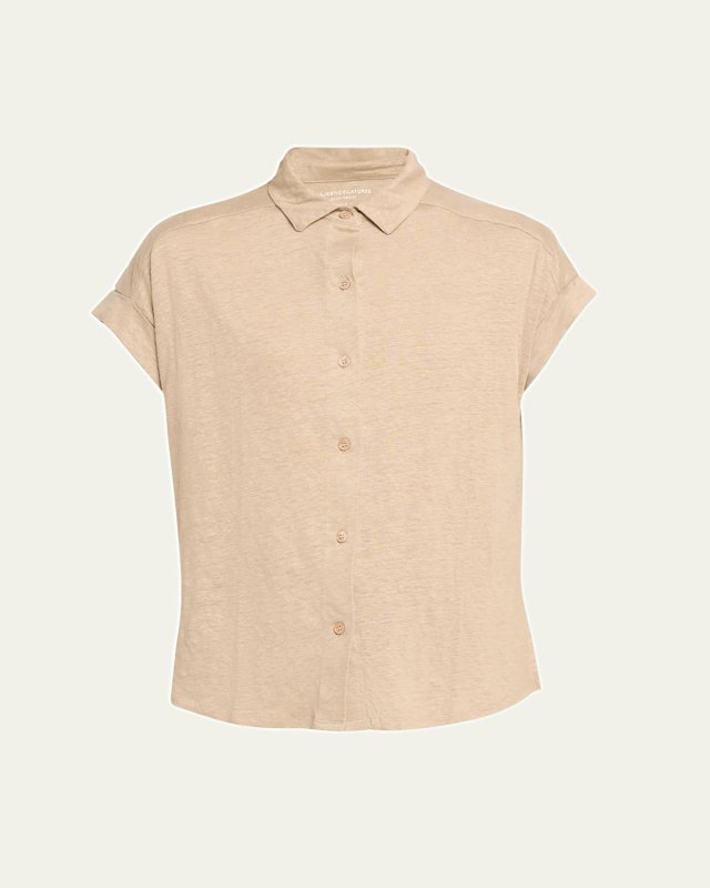 Stretch Linen Short-Sleeve Shirt with Rolled Cuffs