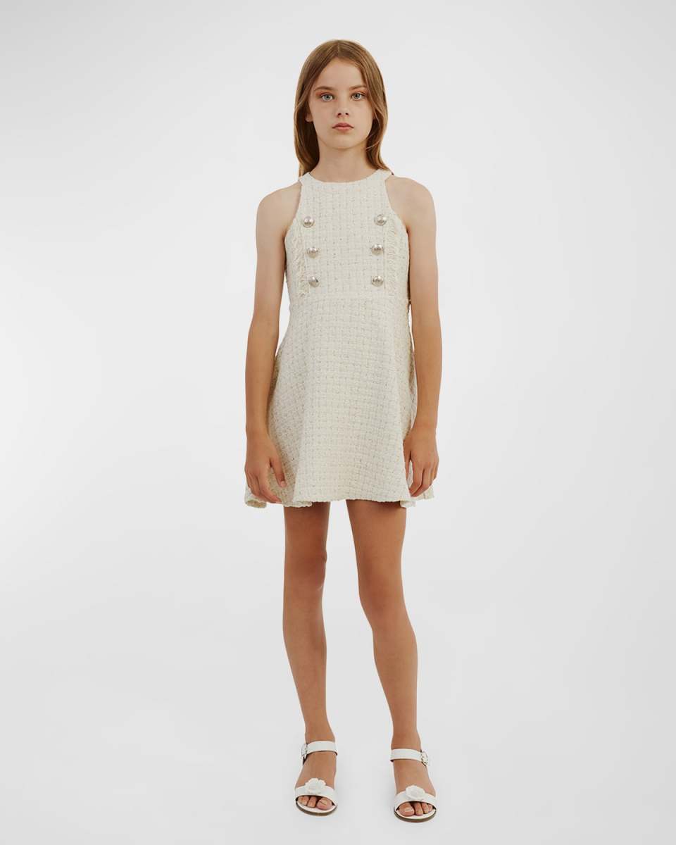 Girl's Roma Boucle Button Dress, Size 7-14