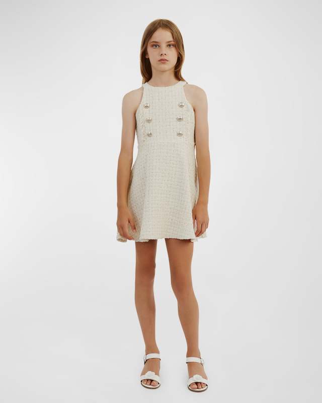 Girl's Roma Boucle Button Dress, Size 7-14