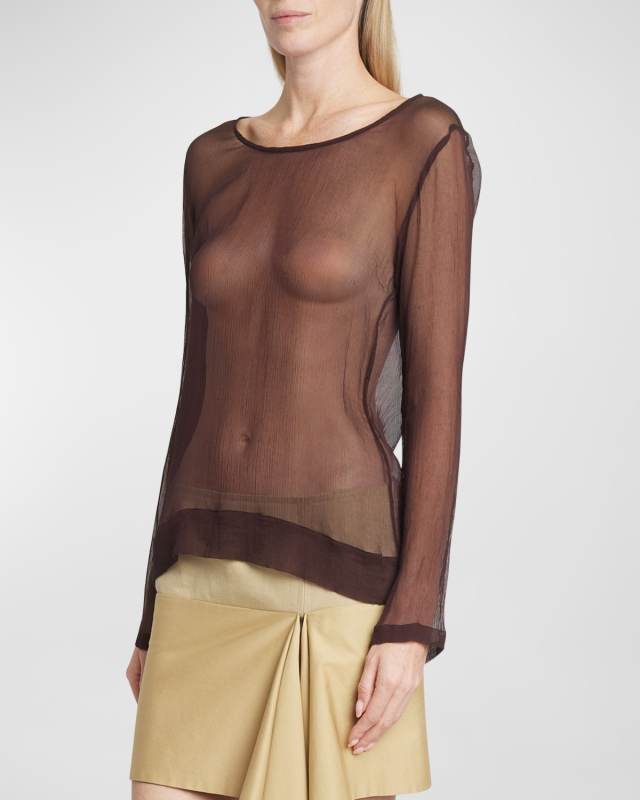 Carlotta Long-Sleeve Sheer Crinkle Silk Shirt