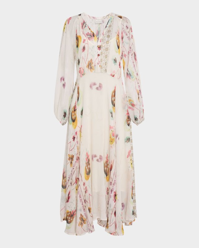 Floral-Print Silk Chiffon A-Line Maxi Dress