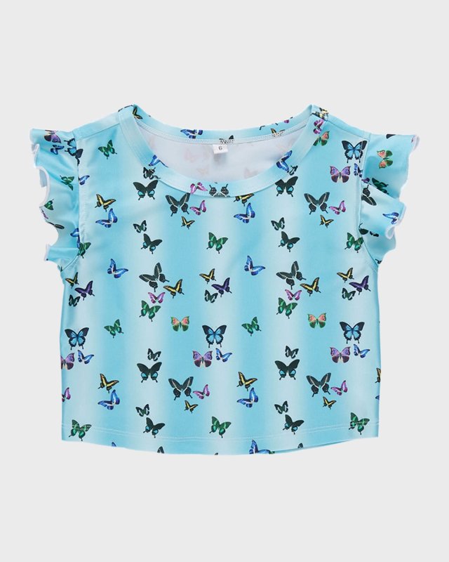 Girl's Butterfly Sky Ruffle Crop Top, Size 2T-12