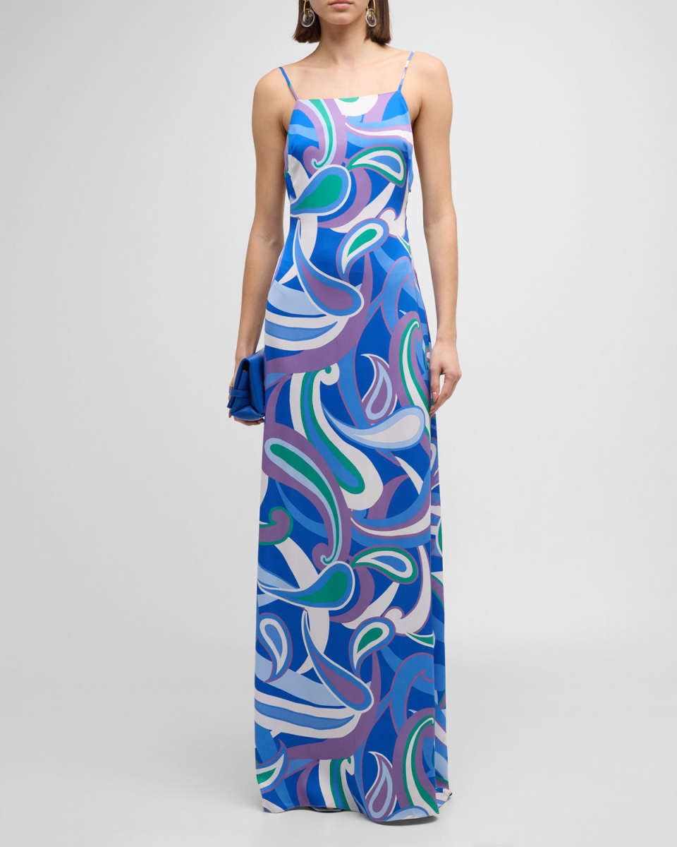 Pearl Retro Paisley-Print Maxi Slip Dress