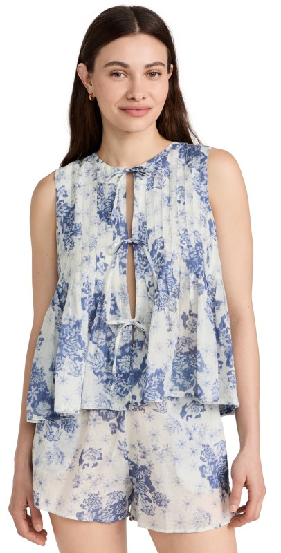 Desmond & Dempsey Flower Pleated Cami & Shorts Set Blue