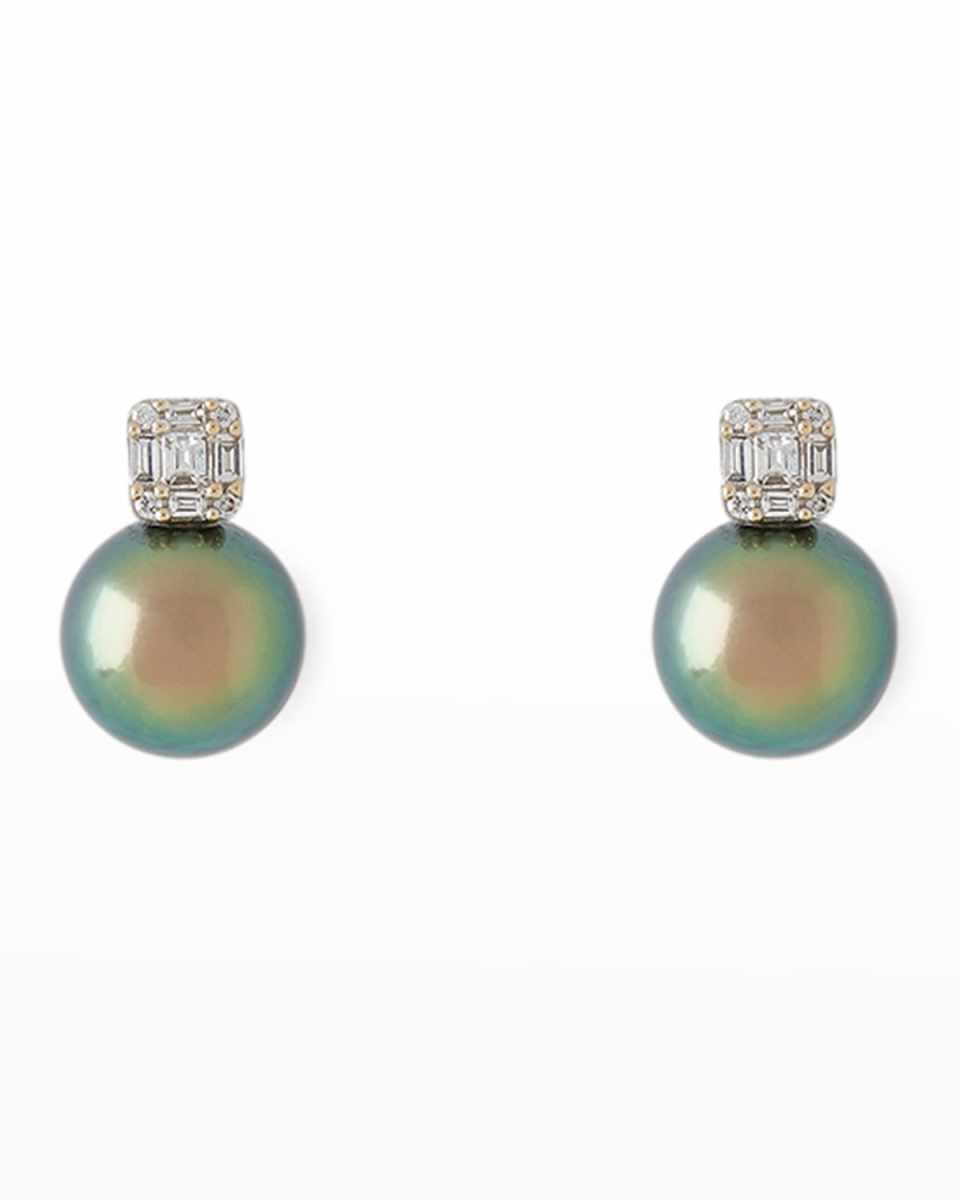 18K White Gold 8mm Black Tahitian Pearl with Baguette Diamond Stud Earrings