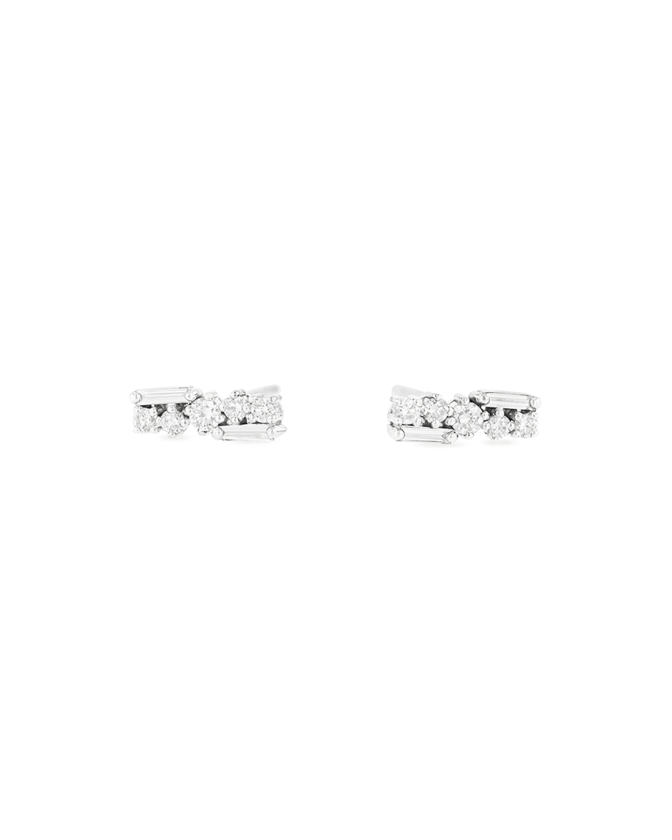 18k Rose Gold Round & Baguette Diamond Stud Earrings