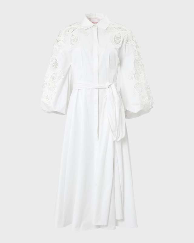 Lace Embroidered Balloon-Sleeve Midi Shirtdress