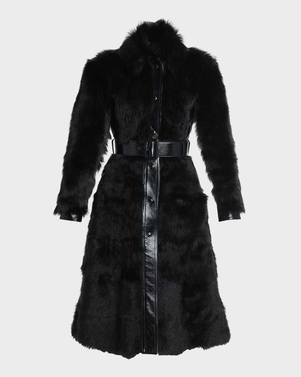 Glossy Leather-Trim Belted Lamb Shearling Coat