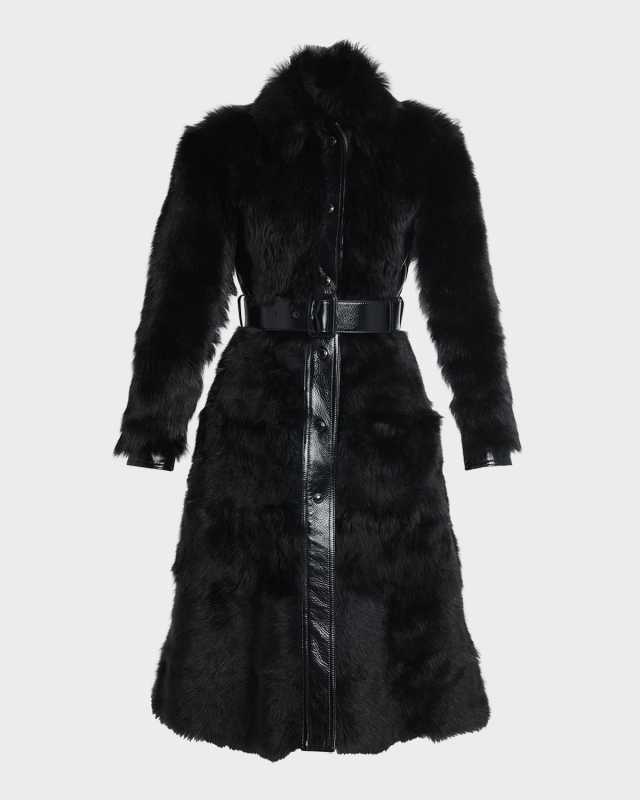 Glossy Leather-Trim Belted Lamb Shearling Coat