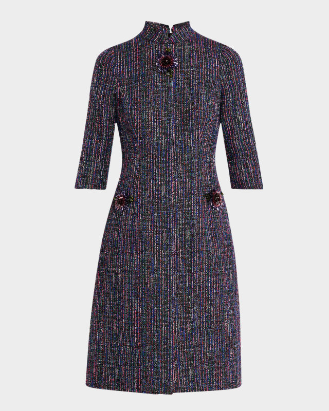 Elbow-Sleeve Metallic Tweed Dress