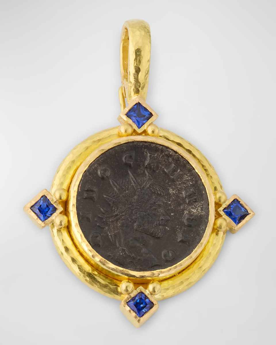 19K Ancient Roman Bronze Coin Pendant with Princess-Cut Blue Sapphires