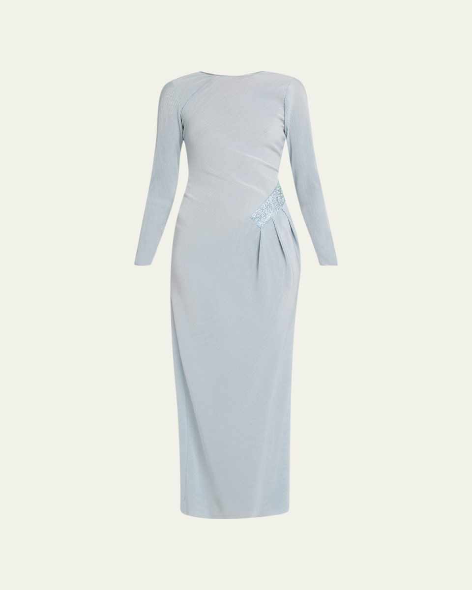Plisse Jersey Gown with Beaded Hip Detail