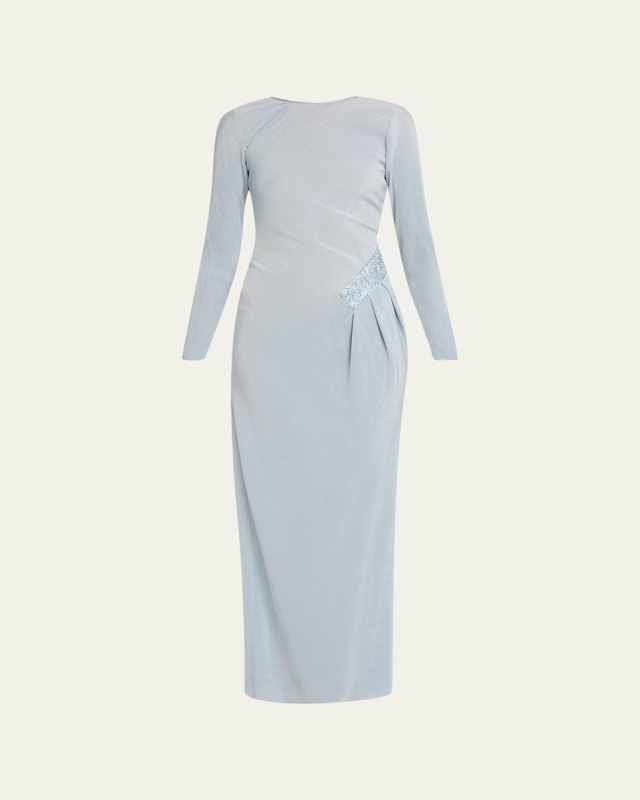 Plisse Jersey Gown with Beaded Hip Detail